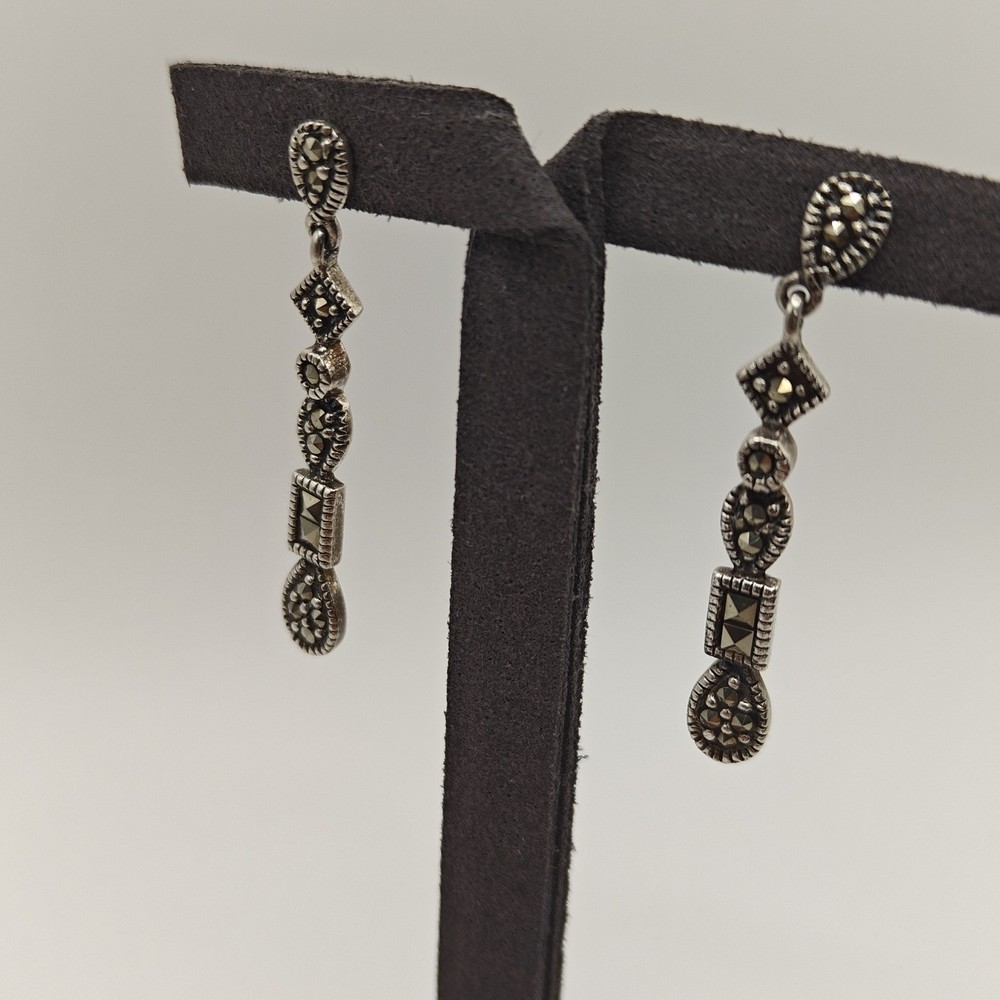 Vtg 3.42g Sterling Silver 925 Marcasite Long Dangle Drop Earrings