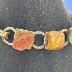 Vintage Semi Precious Stone Link Bracelet Goldstone Rose Quartz Goldstone 6.75”