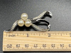 Vintage Pin Silver Metal Imitation Pearl Rhinestone & AB Center Stone Unsigned