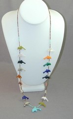 Vintage Native American Carved Gemstone Dolphin Fetish Necklace 29.75”