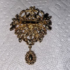 Large Contemporary Goldtone Red & AB Rhinestone Dangle Brooch
