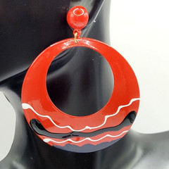Large Metal Hoop Red Black White Enamel Hand Painted Pierced Vintage Earrings