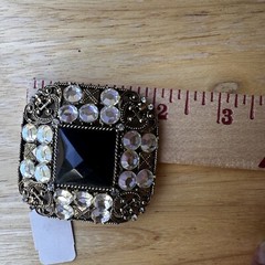 VTG Brooch Pin 2 Inch Black Glass Cab Clear Rhinestones Gold Tone Filigree NWT