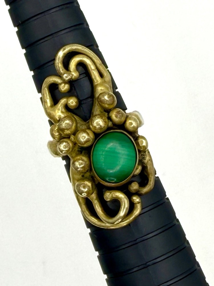 Bronze Green Stone Brutalist Size 7 Bypass Ring Free Form Unisex 1970s Modernist