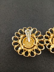 HUGE 1980 gold-tone pave clear crystals open metal work round clip-on earrings