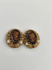 West Germany Rootbeer Cameo Set Filigree Faux Pearl Rhinestone Necklace