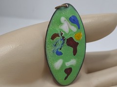 Vintage Pendant Oval Enamel on Copper Multicolor Green White Maroon Blue Yellow