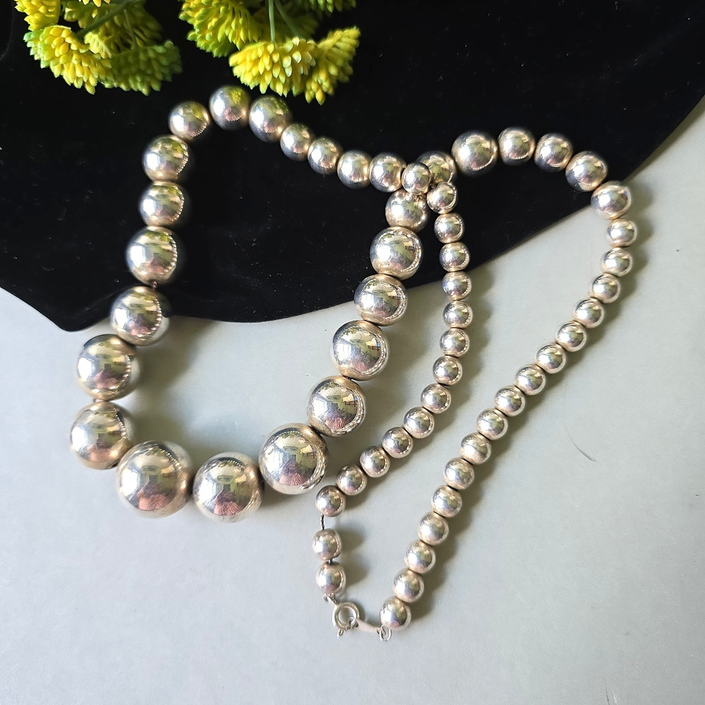Vintage Silver Plated Graduated Metal Beads Necklace 24″L