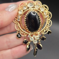 Gold Tone Black Oval Glass Brooch Pin & Matching Clip-On Earrings Jewelry Set