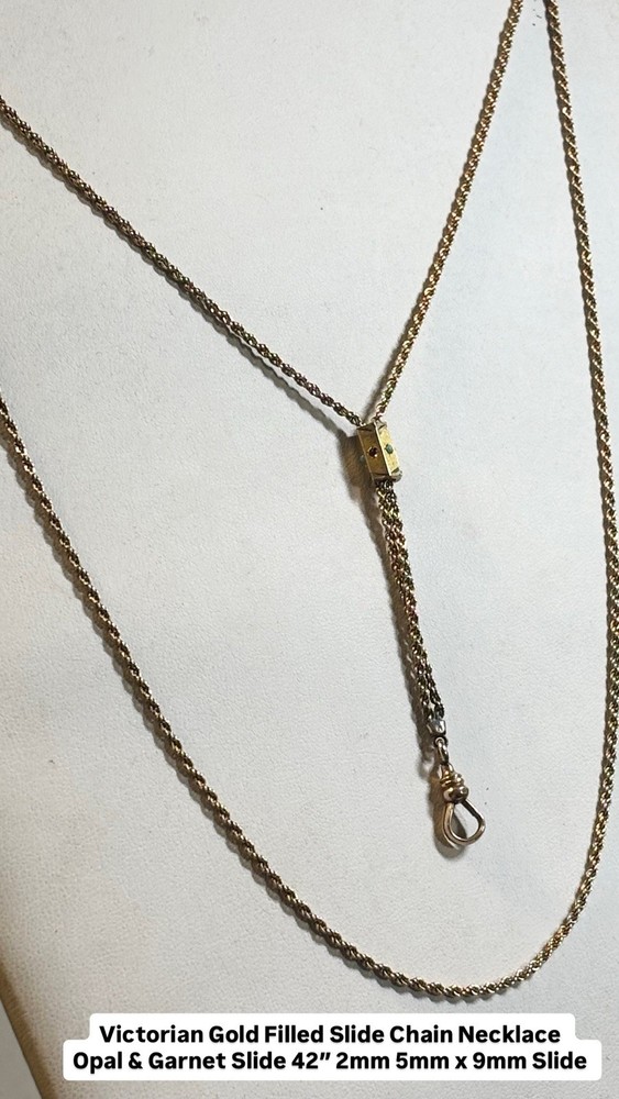 Victorian Gold Filled Slide Chain Garnet Opal Slide 42” 2mm 5x9mm Slide 10.1gr