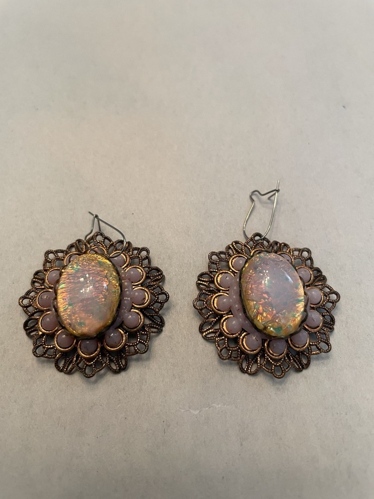 Vintage Faux Fire Opal Filigree Dangle Pierced