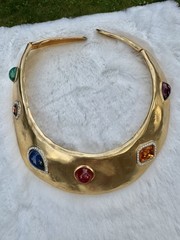 RARE VTG LES BERNARD Gold Tone Faux Gemstone Rhinestones RUNWAY Collar Necklace