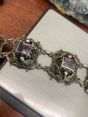 Antique Austro-Hungarian 800 Silver Filigree Amethyst Panel Bracelet – 38.56g 8”