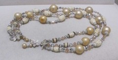 Vtg VENDOME Creamy Beige Sugar Glass Bead Aurora Borealis Crystal 3-Strand Neckl