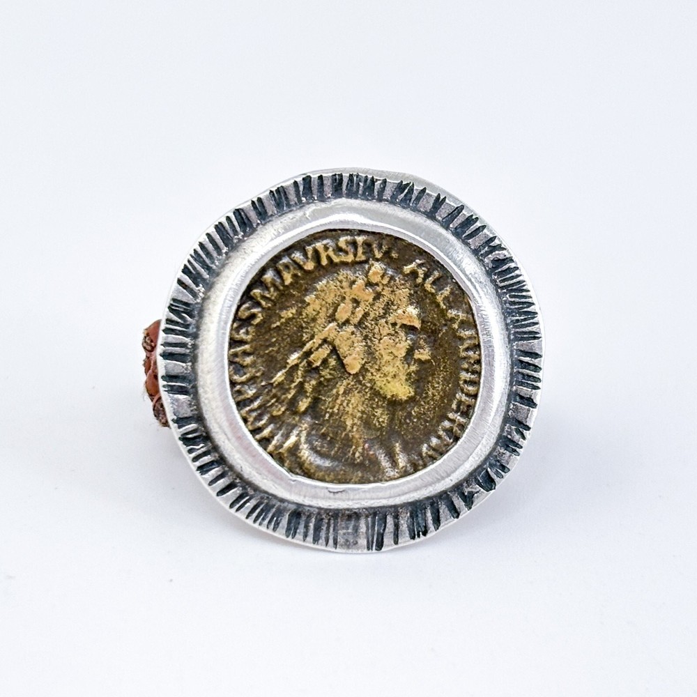 Vintage Sterling Silver 925 Alexander Severus Coin Ring with Braided Leather Ban