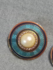 Vintage Earrings Signed Nuri Blue Enamel,”Neo Deco” Design Faux Pearl Rhinestone