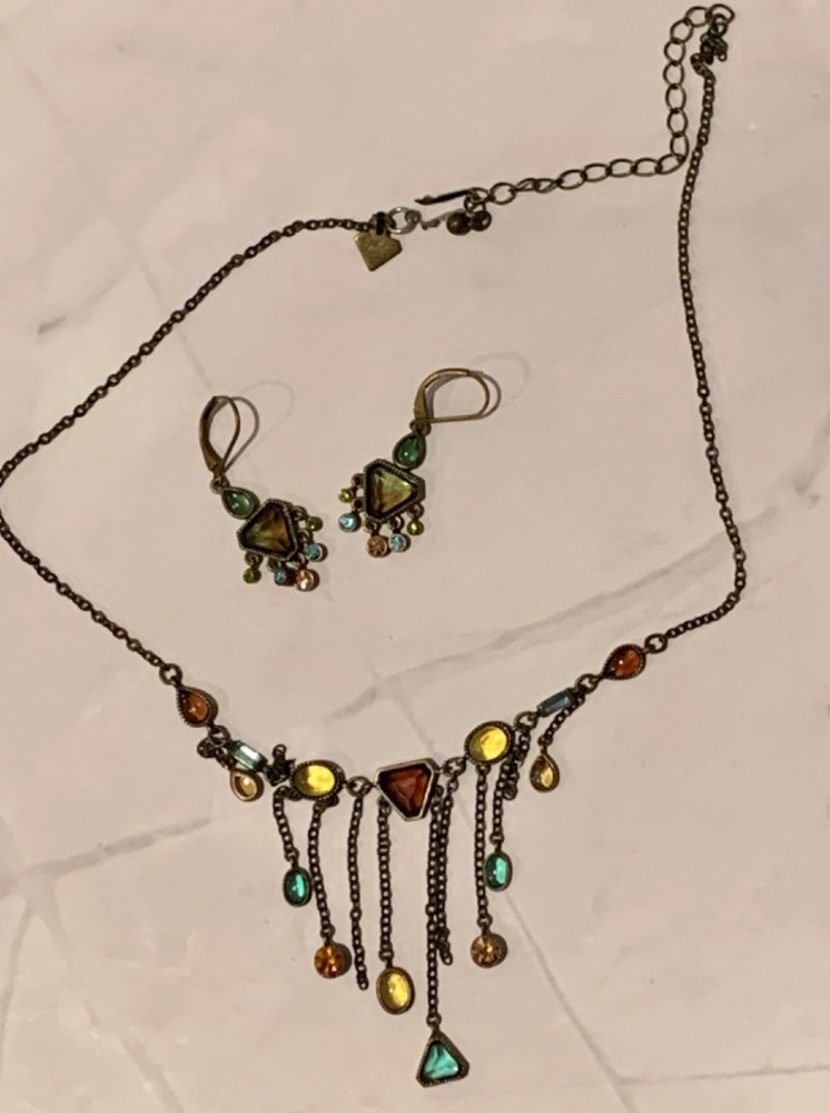 Cookie Lee Vintage Rhinestone Bronze Multicolored Signed Earrings & Necklace Set
