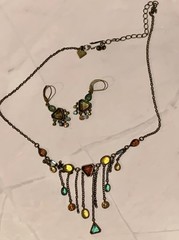 Cookie Lee Vintage Rhinestone Bronze Multicolored Signed Earrings & Necklace Set