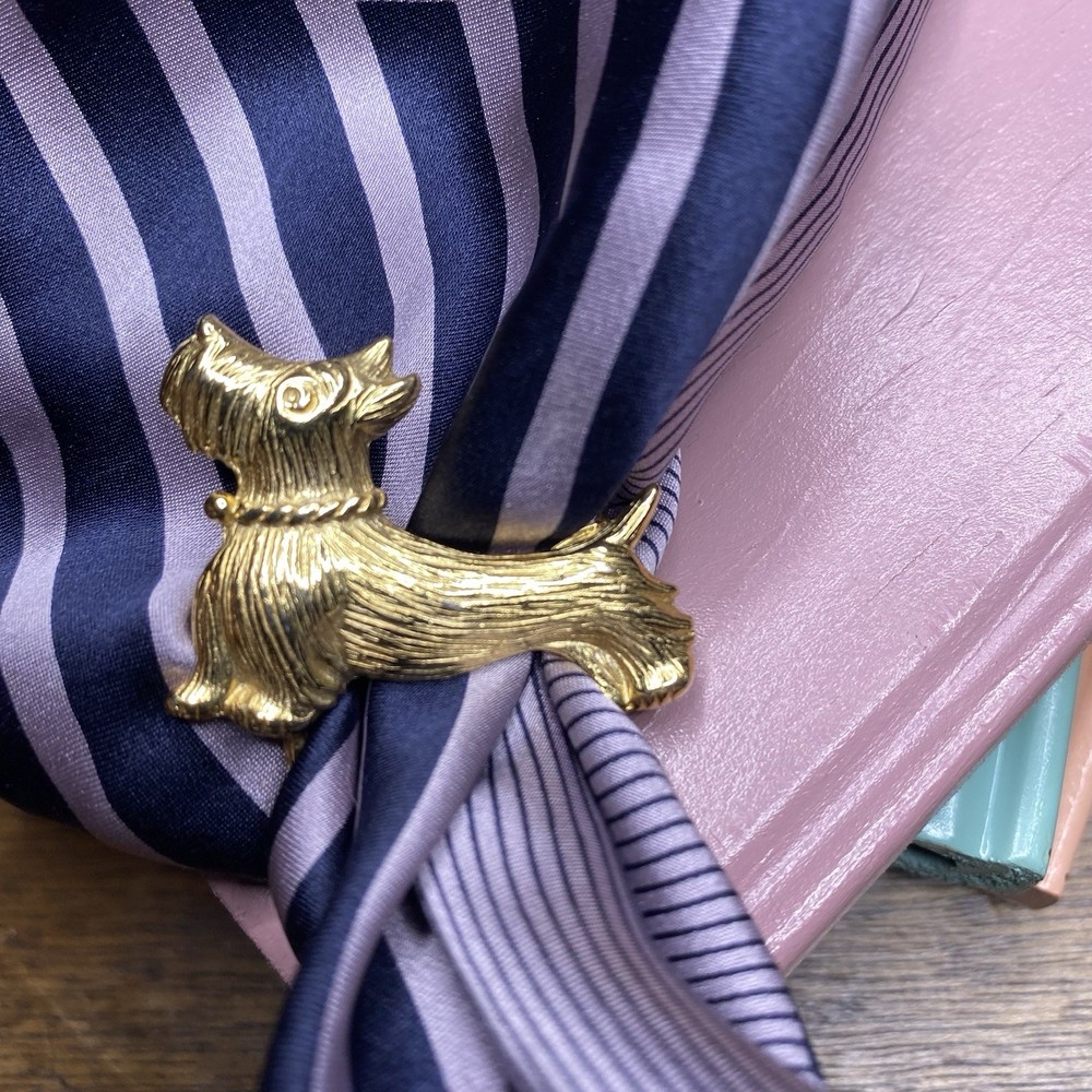 Vintage Scarf Ring Clip Gold Scotty Dog Jewelry Brooch Pin Scottish Terrier