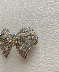 Vintage Silver Tone Filigree Bow Brooch AB Rhinestone Cluster Costume Jewelry