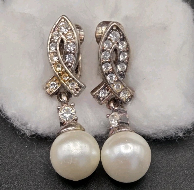 Elegant Vintage Rhinestone Navette Faux Pearl Drop Earrings 1950s-1970s
