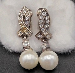 Elegant Vintage Rhinestone Navette Faux Pearl Drop Earrings 1950s-1970s