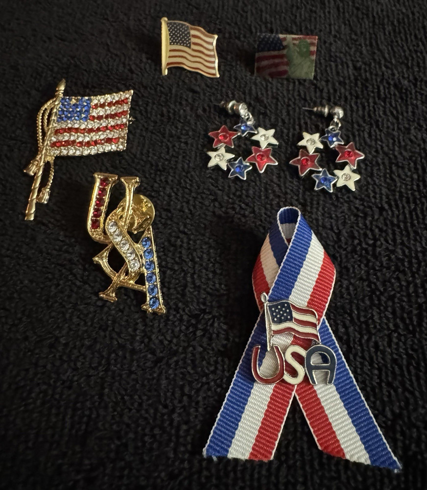 USA Patriotic Jewelry Lot 6 Pc Flag Pins Brooch Earrings Ribbon Metal Rhinestone