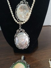 Lot of 4 Cameo Pendants Carved Shell Silver Tone With Pearl Necklace & Bracelet