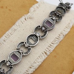 PAJ BB Purple Bracelet Silver Link Art Deco Style Marcasite Glass Amethyst