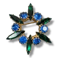 c.1960 Starburst Brooch Green Navette and Blue Chaton Rhinestones Gold Tone Pin