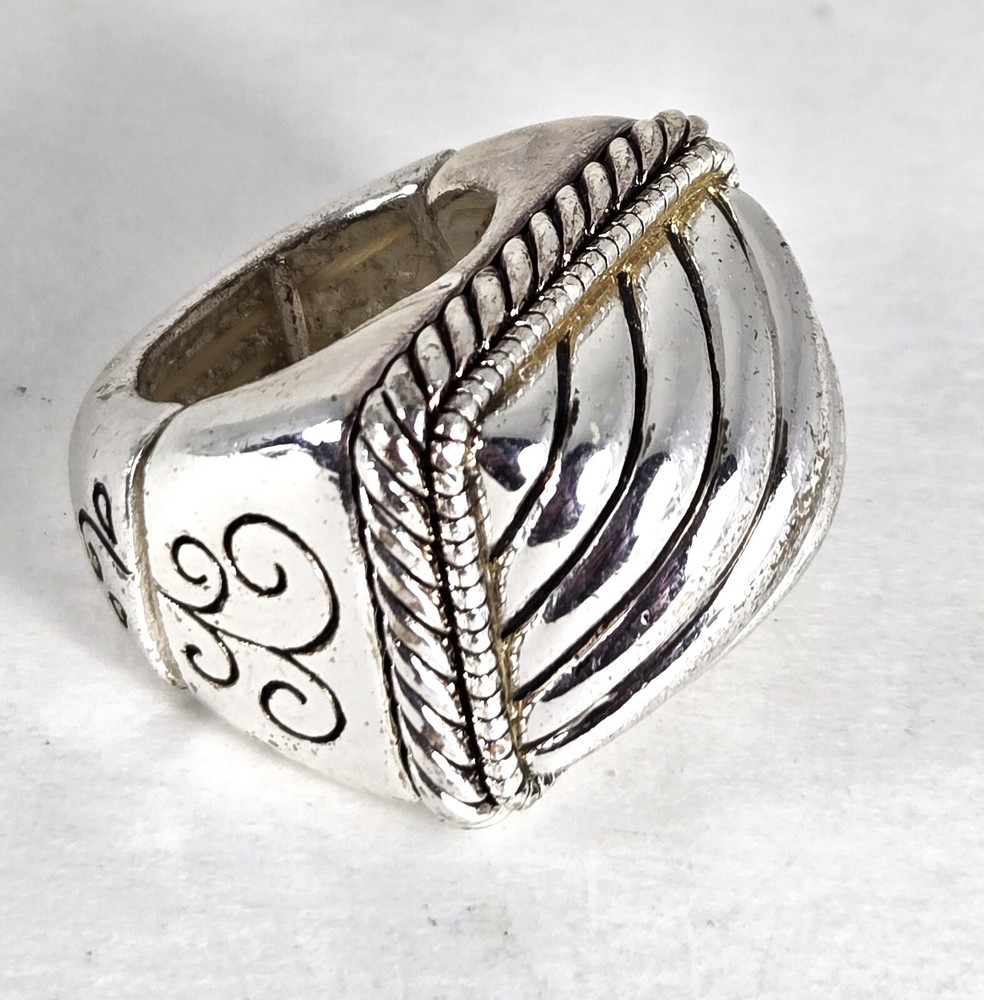 Vintage Large Chunky Square Scrollwork Bezel Silver Tone Watch Band Ring