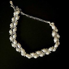 Vintage Lisner Faux Pearl Necklace Signed Rhinestone Floral Silver Tone MCM