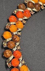 Lisner Thermoset Autumn Orange Amber Brown Pumpkins Necklace Rhinestones 50s