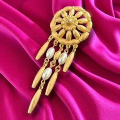 Faux Pearl Waterfall Brooch Gold Tone Dangle Statement Pin Vintage Tona