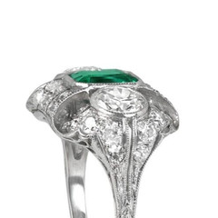 Antique Green Emerald & Lab Created Diamond Three-Stone Wedding 925 Silver Ring