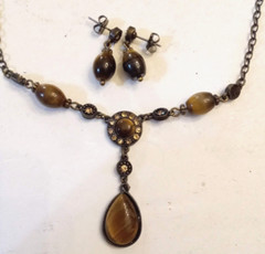 Avon Geniune Tigers Eye Y Necklace & Bead Dangle Earrings Adjustable Length 2008