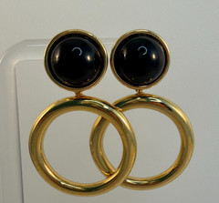 Vintage Monet Black & Gold Door Knocker Round Dangle Post Earrings