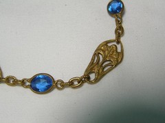 …Art Deco Gold Tone Floral Panels & Blue Glass Bracelet…