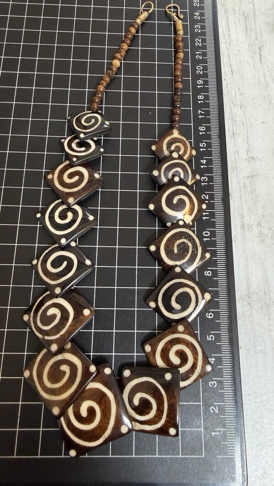 Vintage Boho Bone or Horn Statement Necklace Tribal Spiral Geometric Design