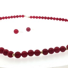 Vintage 14K Gold‑Marked Red Bead Necklace & Pierced Earrings Set – Classic