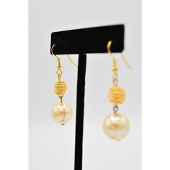 Vintage Pearl Drop Dangle Earrings Brushed Gold Beaded Ball Elegant 1980s BinU