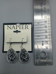 Napier Silver Tone Teardrop Filigree Drop Dangle Earrings Black Enamel Pierced N