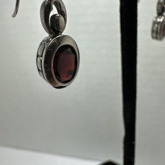 LUC 925 Garnet Bezel Set Earrings Sterling Dangle Drop Vintage 24mm Long