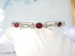 Vintage Sterling Silver 925 Jasper Station Chunky Taxco Mexico Bracelet 8″