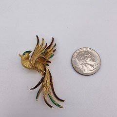 Vintage Bird Of Paradise Brooch Gold Tone Red Green Enamel Rhinestone Tropical