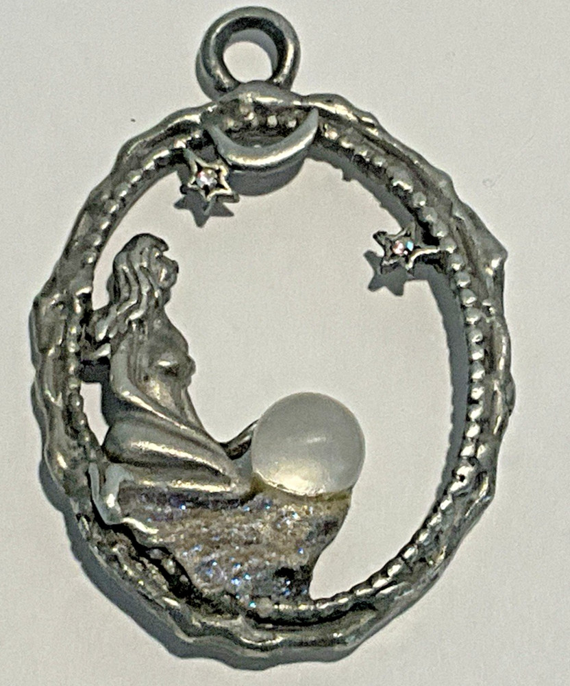 JJ Jonette Nude Fairy Necklace Crystal Ball Celestial Metal Star Gaze Moon VTG