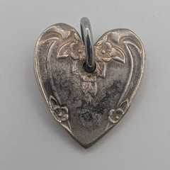Vintage Heart Pendant Repousse Floral Blue Rhinestone Silver Tone Puffy Charm