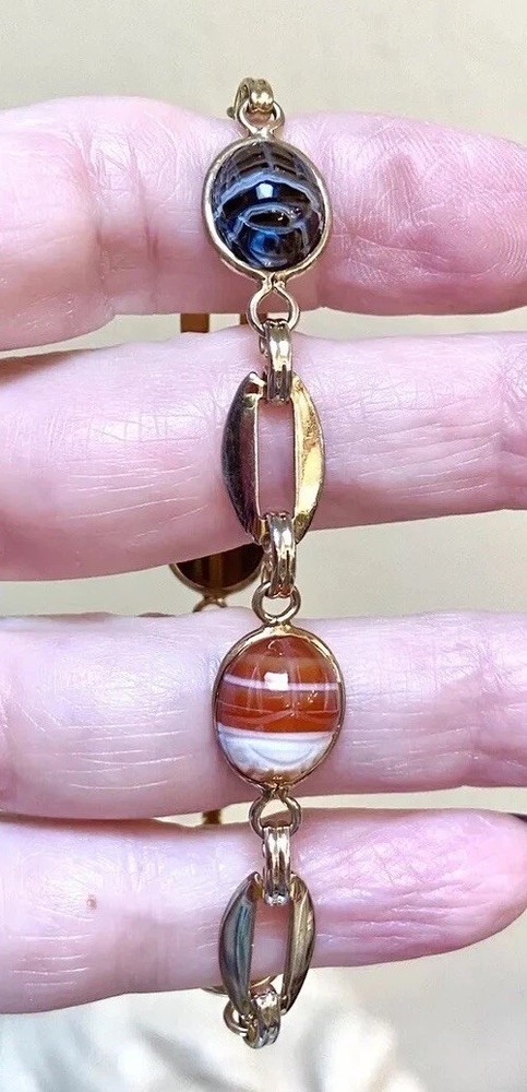 LOVELY Vintage Gold-Filled Agate, Unakite, Etc. Egyptian Scarab Bracelet