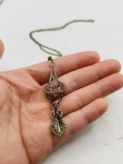 Vintage Egyptian Revival Art Nouveau Lavalier Filigree Scarab Beetle Necklace