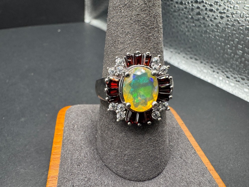 J&T Thai 925 Sterling Silver Fire Opal Ring Garnet CZ Halo Cluster Ring Sz 9.75